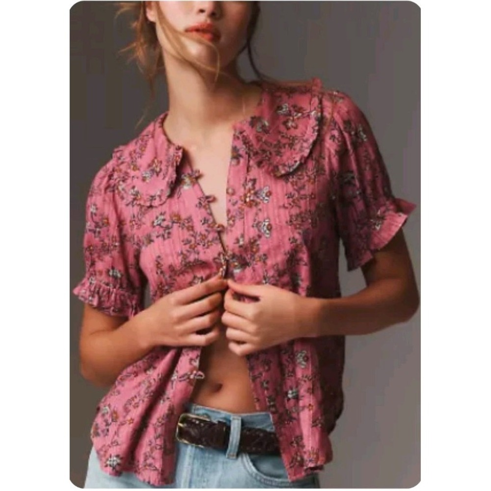 Pilcro Keira Collared Blouse Womens Large Mauve Floral Puff Sleeve Cottagecore